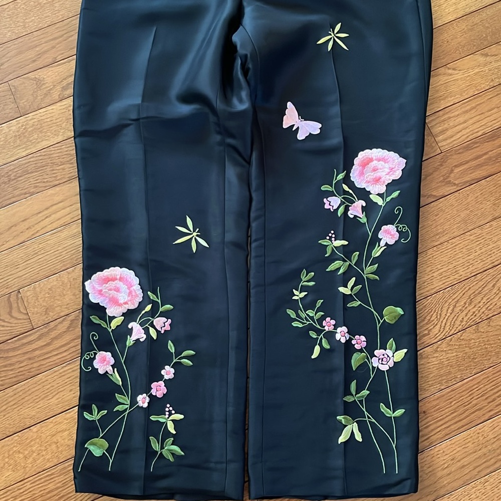 NWT Vintage Ann Taylor 100% Silk Floral Embroidered Black Pants - Picture 11 of 16